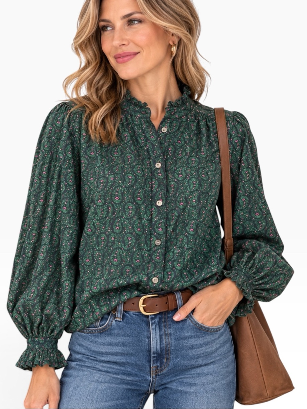 GAP | Ruffle Neck Floral Blouse Dark Green Pink Cottagecore Size L EUC